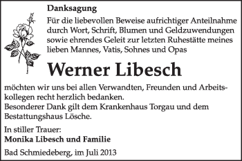 Traueranzeige von Werner Libesch von WVG - Wochenspiegel Wittenberg