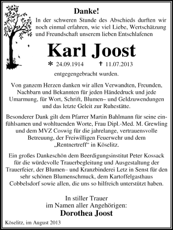 Traueranzeige von Karl Joost von Super Sonntag Dessau / Köthen