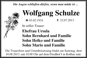 Traueranzeige von Wolfgang Schulze von Super Sonntag Dessau / Köthen