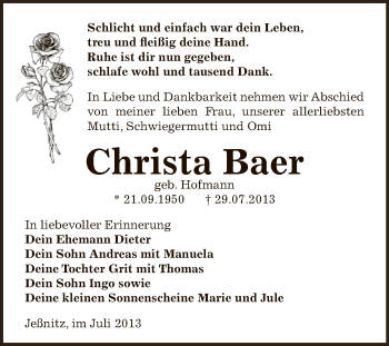 Traueranzeige von Christa Baer von WVG - Wochenspiegel Bitterfeld