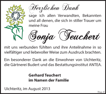 Traueranzeige von Sonja Teuchert von WVG - Wochenspiegel NMB / WSF / ZTZ