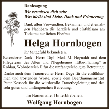 Traueranzeige von Helga Hornbogen von WVG - Wochenspiegel Dessau / Köthen