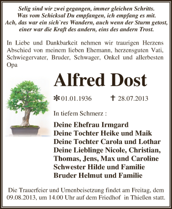 Traueranzeige von Alfred Dost von Mitteldeutsche Zeitung