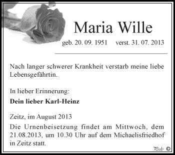 Traueranzeige von Maria Wille von Super Sonntag Zeitz