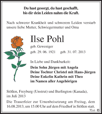 Traueranzeige von Ilse Pohl von WVG - Wochenspiegel NMB / WSF / ZTZ