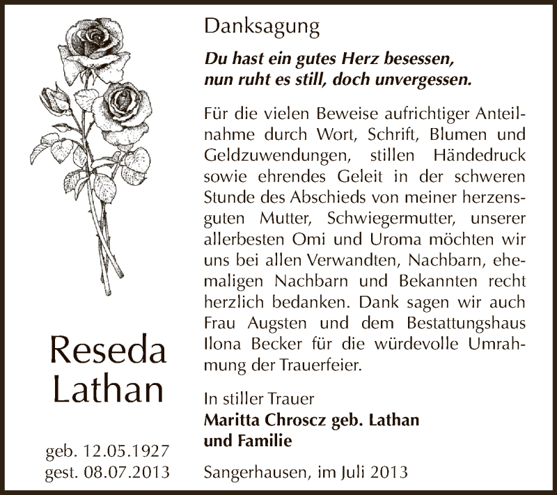  Traueranzeige für Reseda Lathan vom 04.08.2013 aus Super Sonntag SGH Mansf. Land