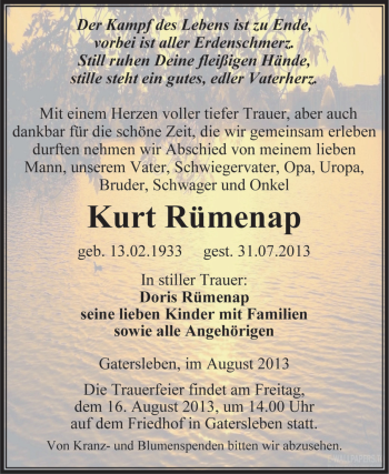 Traueranzeige von Kurt Rümenap von Super Sonntag Aschersleben