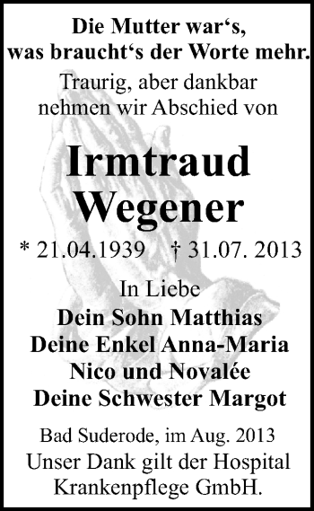 Traueranzeige von Irmtraud Wegener von WVG - Wochenspiegel Quedlinburg