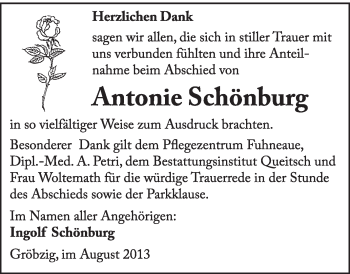 Traueranzeige von Antonie Schönburg von Super Sonntag Dessau / Köthen