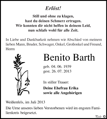 Traueranzeige von Benito Barth von WVG - Wochenspiegel NMB / WSF / ZTZ