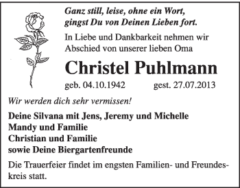 Traueranzeige von Christel Puhlmann von Super Sonntag Dessau / Köthen