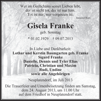 Traueranzeige von Gisela Franke von WVG - Wochenspiegel Aschersleben