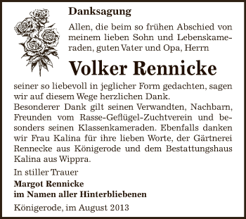 Traueranzeige von Volker Rennicke von Wochenspiegel Mansfelder Land