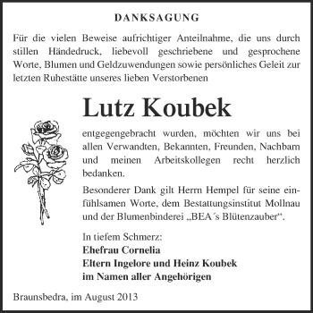 Traueranzeige von Lutz Koubek von WVG - Wochenspiegel Merseburg