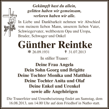 Traueranzeige von Günther Reintke von WVG - Wochenspiegel Dessau / Köthen