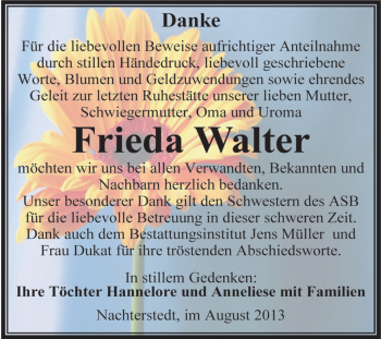 Traueranzeige von Frieda Walter von WVG - Wochenspiegel Aschersleben