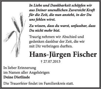 Traueranzeige von Hans-Jürgen Fischer von Super Sonntag Dessau / Köthen