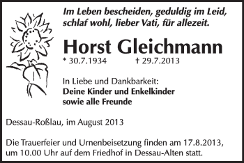 Traueranzeige von Horst Gleichmann von Super Sonntag Dessau / Köthen