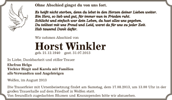 Traueranzeige von Horst Winkler von WVG - Wochenspiegel Bitterfeld