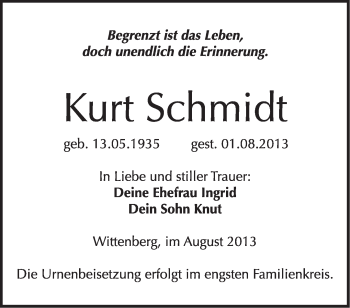 Traueranzeige von Kurt Schmidt von WVG - Wochenspiegel Wittenberg