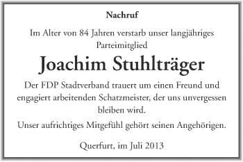 Traueranzeige von Joachim Stuhlträger von Super Sonntag Merseburg