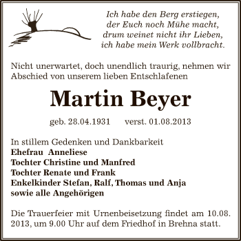 Traueranzeige von Martin Beyer von WVG - Wochenspiegel Bitterfeld