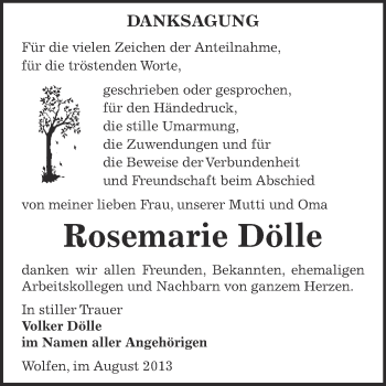 Traueranzeige von Rosemarie Dölle von WVG - Wochenspiegel Bitterfeld