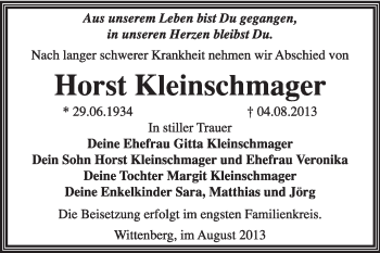 Traueranzeige von Horst Kleinschmager von Super Sonntag Wittenberg