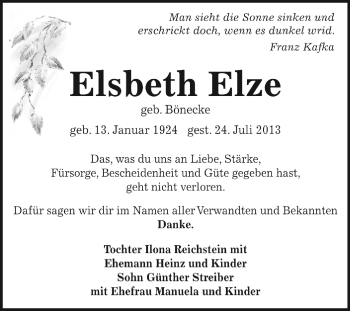 Traueranzeige von Elsbeth Elze von WVG - Wochenspiegel Dessau / Köthen