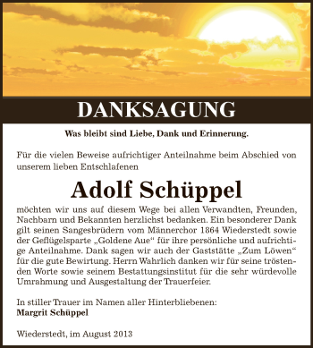 Traueranzeige von Adolf Schüppel von Super Sonntag SGH Mansf. Land