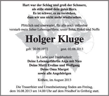 Traueranzeige von Holger Kluge von Super Sonntag Dessau / Köthen