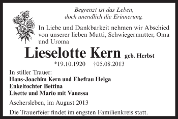 Traueranzeige von Lieselotte Kern von WVG - Wochenspiegel Aschersleben