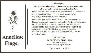 Traueranzeige von Anneliese Finger von Super Sonntag Bernburg