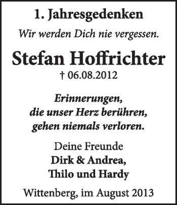 Traueranzeige von Stefan Hoffrichter von Super Sonntag Wittenberg