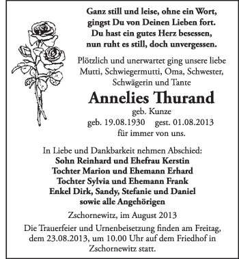 Traueranzeige von Annelies Thurand von WVG - Wochenspiegel Wittenberg