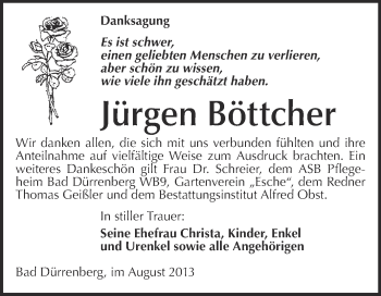 Traueranzeige von Jürgen Böttcher von Super Sonntag Merseburg