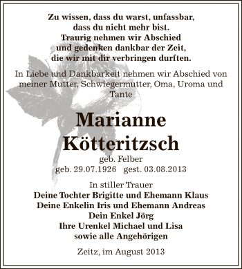 Traueranzeige von Marianne Kötteritzsch von Super Sonntag Zeitz