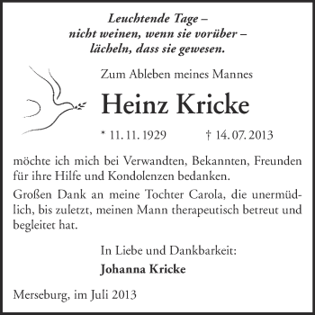 Traueranzeige von Heinz Kricke von WVG - Wochenspiegel Merseburg