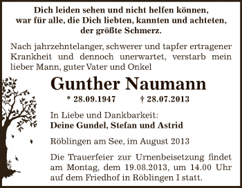 Traueranzeige von Gunther Naumann von Wochenspiegel Mansfelder Land