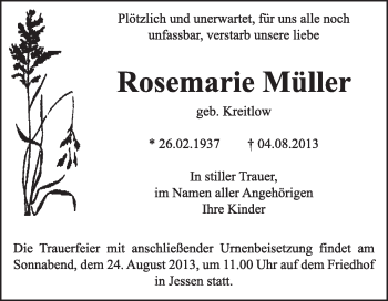 Traueranzeige von Rosemarie Müller von WVG - Wochenspiegel Wittenberg