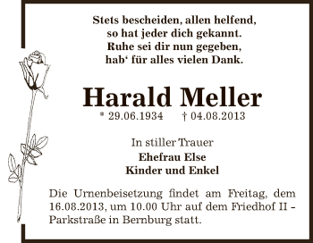 Traueranzeige von Harald Meller von Super Sonntag Bernburg