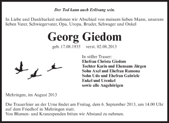 Traueranzeige von Georg Giedom von Super Sonntag Aschersleben
