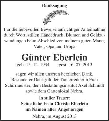 Traueranzeige von Günter Eberlein von WVG - Wochenspiegel NMB / WSF / ZTZ