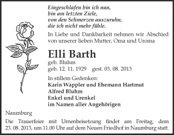 Traueranzeige von Elli Barth von WVG - Wochenspiegel NMB / WSF / ZTZ