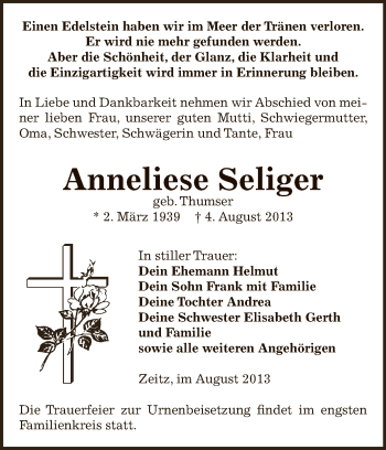 Traueranzeige von Anneliese Seliger von Super Sonntag Zeitz
