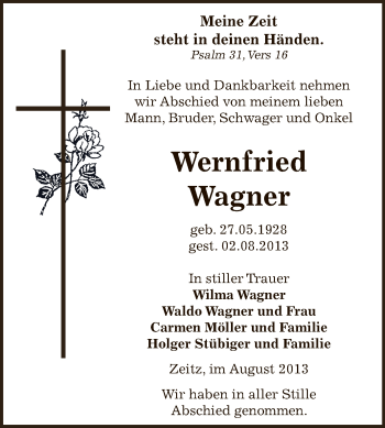 Traueranzeige von Wernfried Wagner von Super Sonntag Zeitz