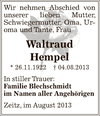 Traueranzeige von Waltraud Hempel von Super Sonntag Zeitz