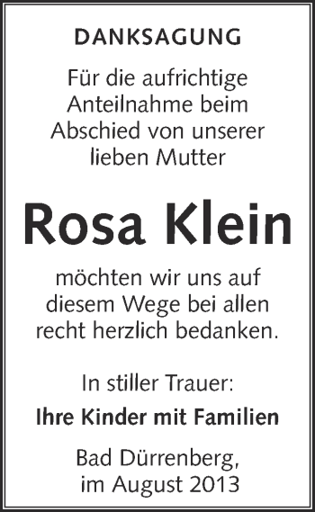 Traueranzeige von Rosa Klein von Super Sonntag Merseburg