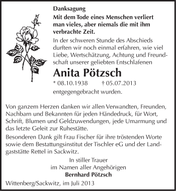 Traueranzeige von Anita Pötzsch von WVG - Wochenspiegel Wittenberg