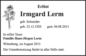 Traueranzeige von Irmgard Lerm von WVG - Wochenspiegel Wittenberg